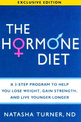 Book cover of 'The Hormone Diet' by Natasha Turner, featuring the title and author's name, with a blue background and gender symbols in pink and purple.