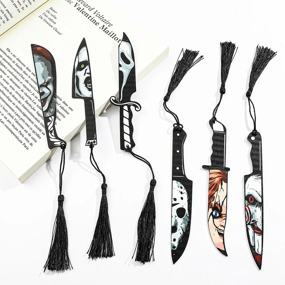 Horror Killer Knife Bookmarks – Chucky, Jigsaw, Pennywise, Jason, Ghostface, Michael Myers | Spooky Acrylic Reading Marker Gifts