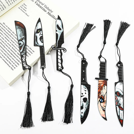 Horror Killer Knife Bookmarks – Chucky, Jigsaw, Pennywise, Jason, Ghostface, Michael Myers | Spooky Acrylic Reading Marker Gifts