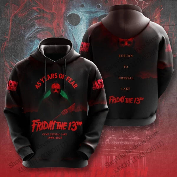 Black hoodie with 'Friday the 13th' design on a red and gray background