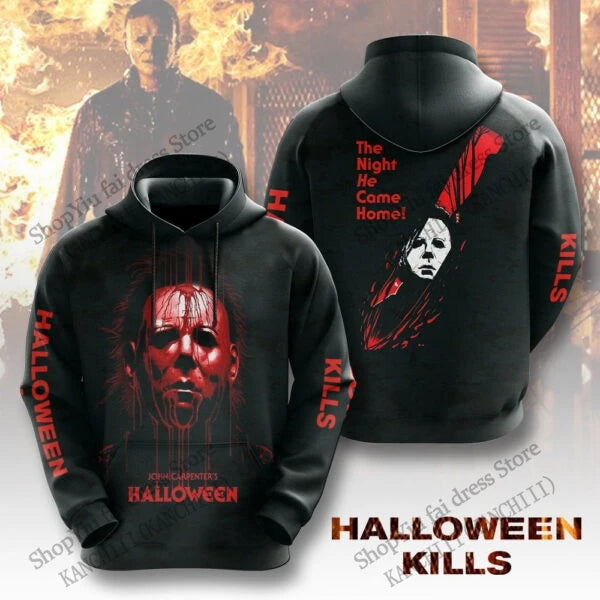 Black hoodie with 'Halloween Kills' design featuring a character with red face paint and text.