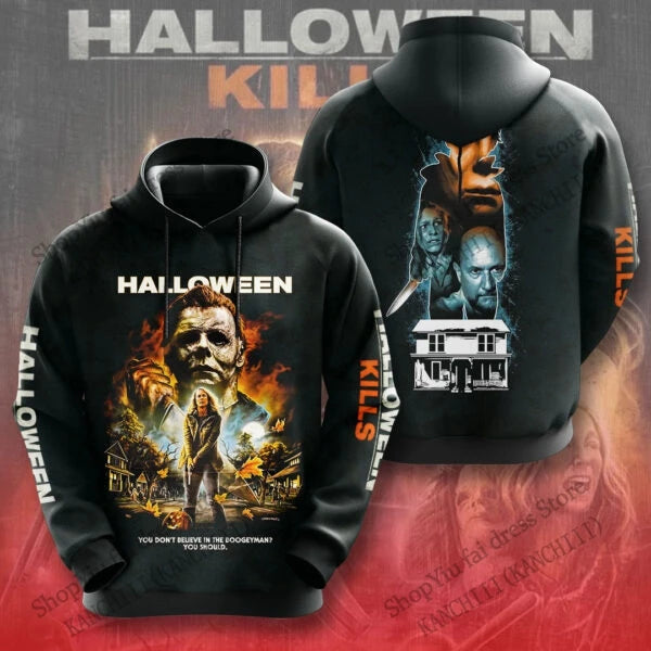 Black hoodies with 'Halloween' movie-themed designs on a dark background.