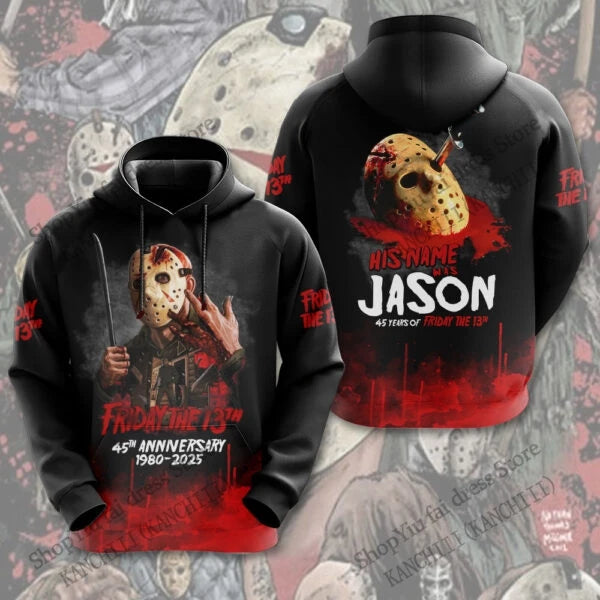 Black hoodie with 'Friday the 13th' design featuring Jason Voorhees on a patterned background.