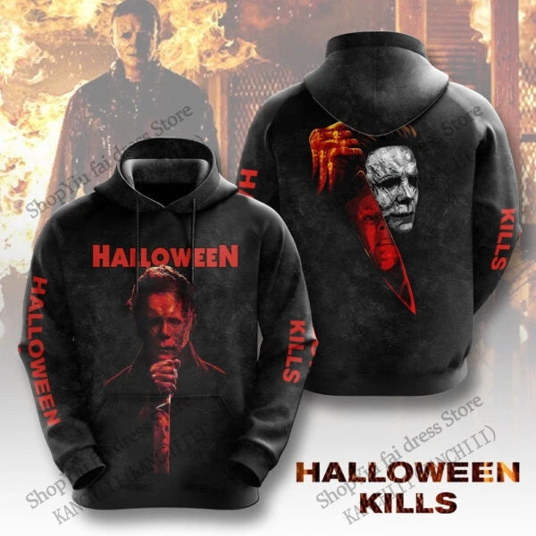 Black hoodie with 'Halloween Kills' design featuring a character holding a knife, on a gradient background.