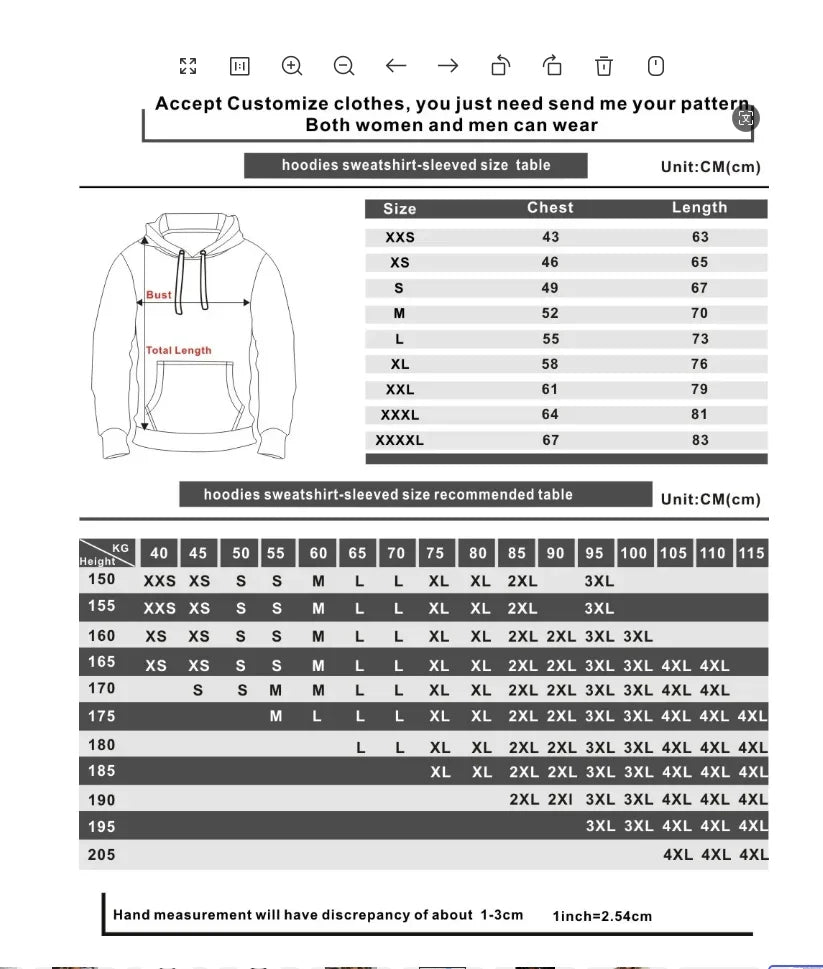 Hoodie size chart for women and men with measurements in centimeters.