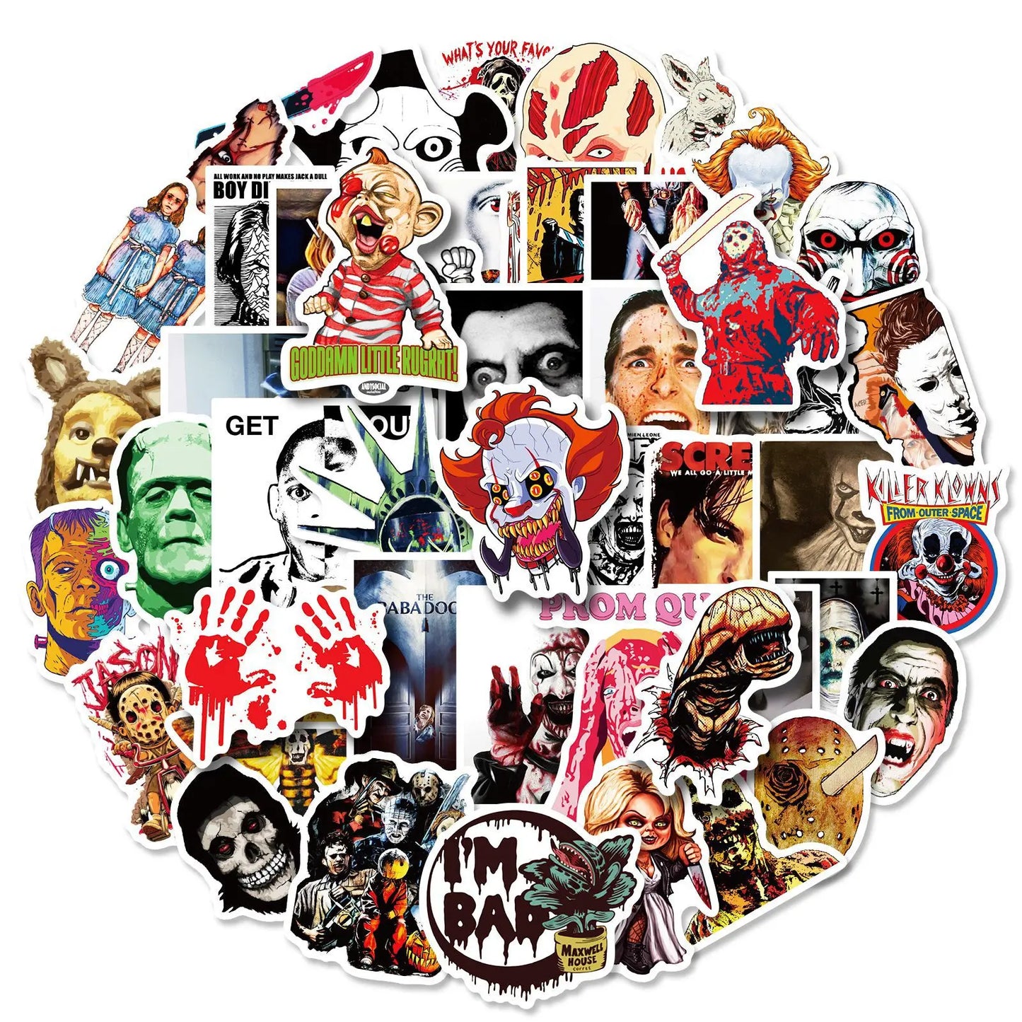Collection of horror-themed stickers on a white background