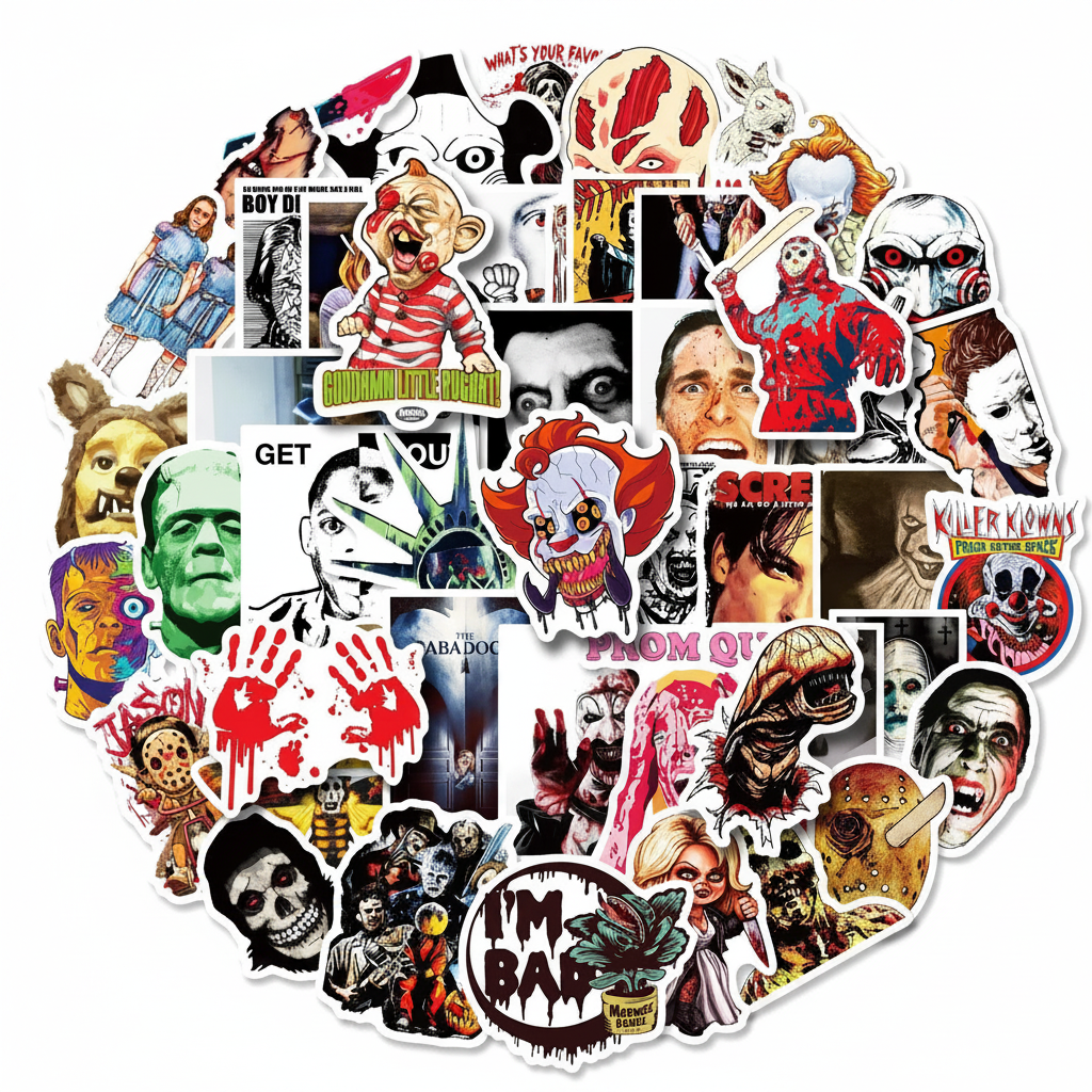 Collection of slasher film stickers featuring different characters and designs on a white background.