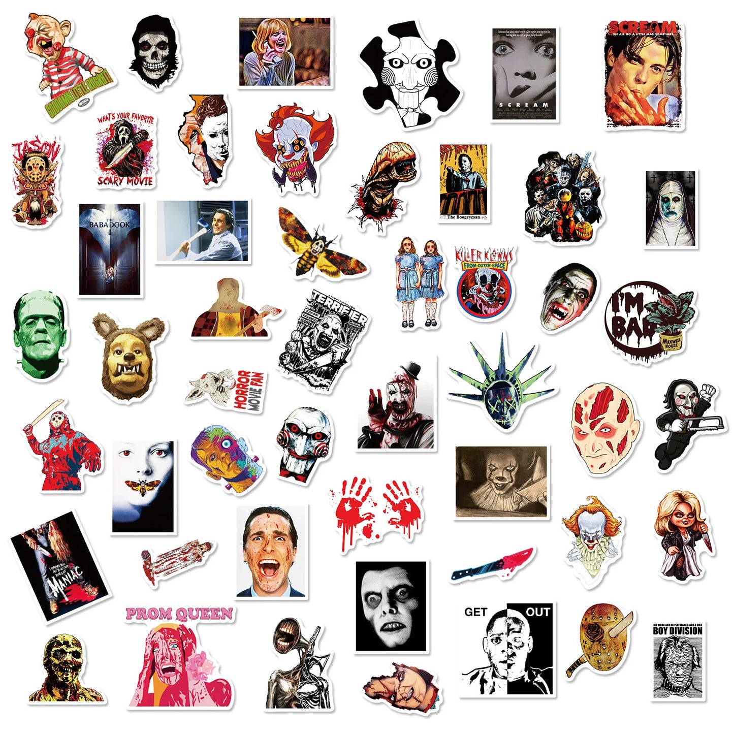 Collection of various thriller horror film stickers with different designs on a white background