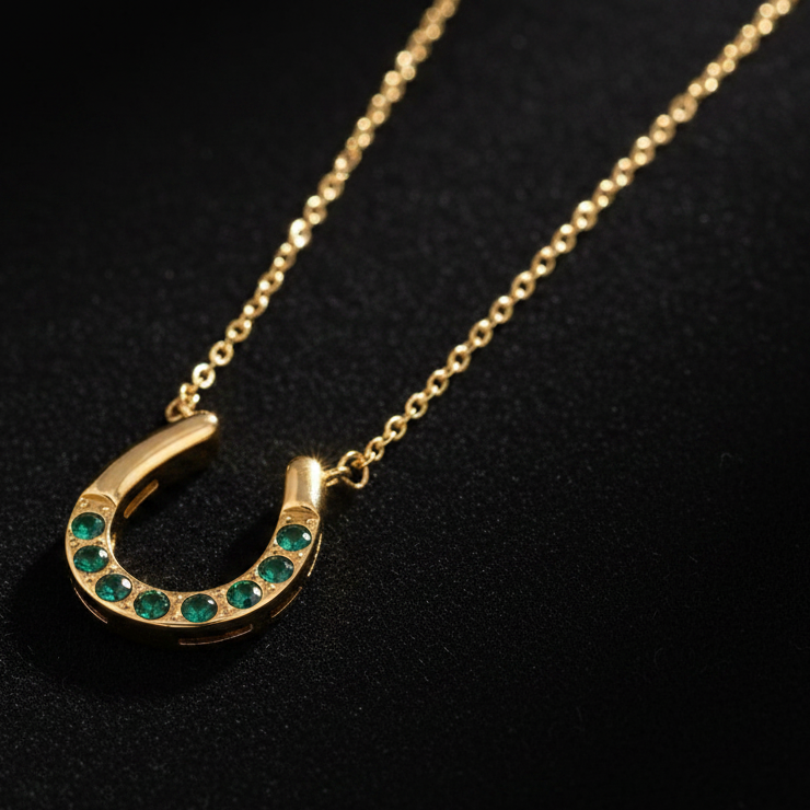 A gold horseshoe-shaped pendant necklace adorned with small green gemstones along the lower curve, displayed on a black textured background.