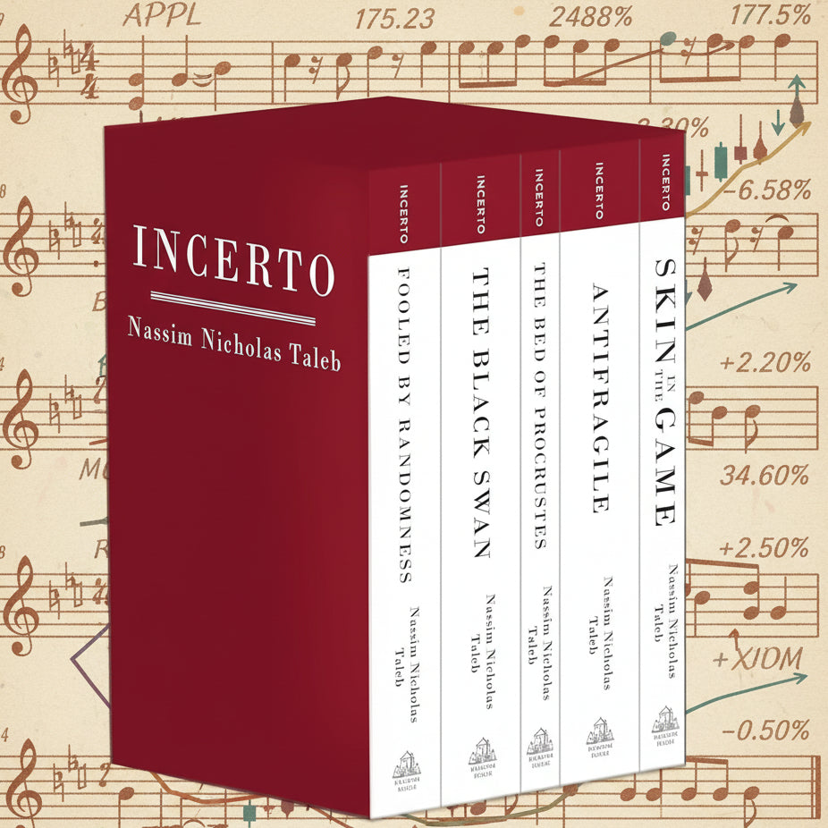 Box set of Incerto Collection books by Nassim Nicholas Taleb, including 'Fooled by Randomness', 'The Black Swan', 'The Bed of Procrustes', 'Antifragile', and 'Skin in the Game'. The books are packaged in a matching red cover with white and gold lettering.