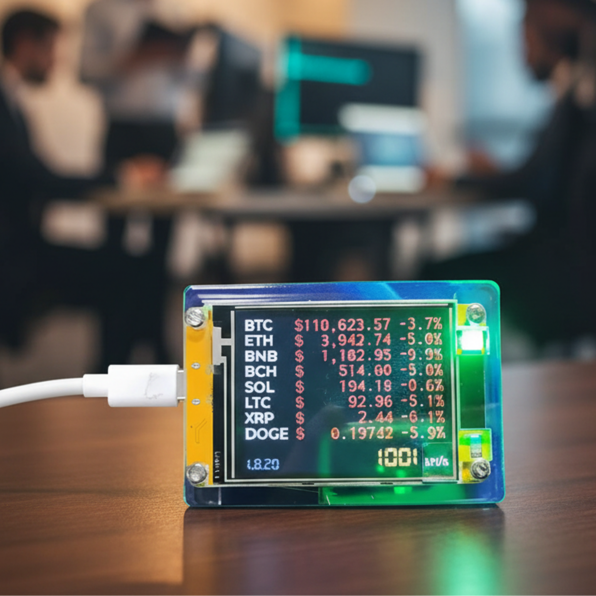 High resolution close up of an ingenious crypto NMMiner Nerdminer showing active hash rates and mining for Bitcoin, Ethereum, binance token, Bitcoin Cash, Solana, Litecoin, XRP and, Dogecoin with a blurred office professional background