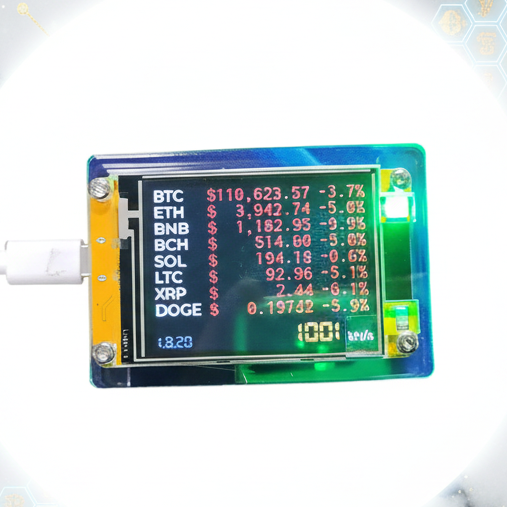 Close up image of ingenious NMMiner NerdMiner smart display mini Bitcoin solo crypto desktop miner for cryptocurrency.