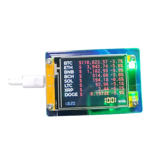 NerdMiner showing several cryptocurrency values like BTC, ETH, BNB, BCH, SOL, DOGE and more, on-screen.