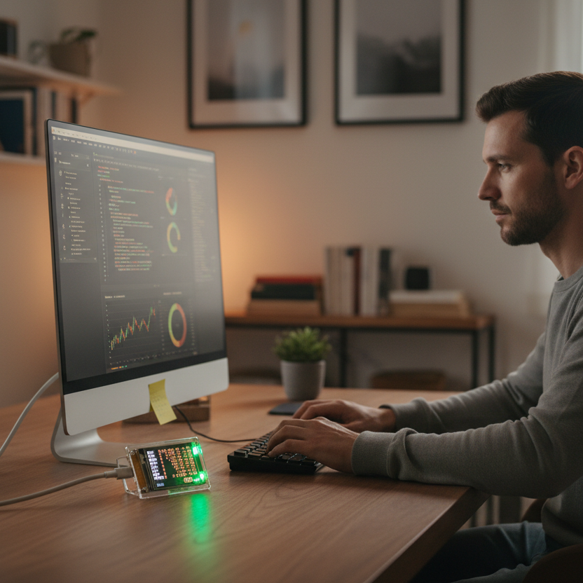 Nerdminer sits on wooden desk in home office while a man sits in front of a computer monitor with charts and graphs on screen.