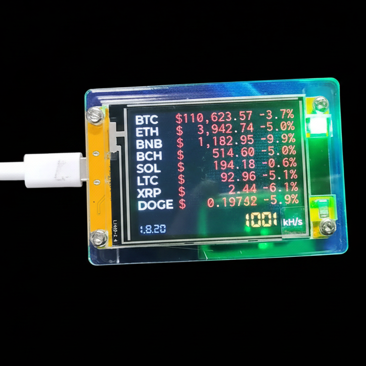 A USB-connected digital crypto miner with an LCD display showing Bitcoin and Ethereum prices and connection speed, housed in a translucent blue-green case on a black background.