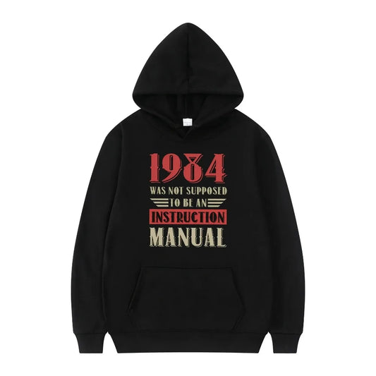 Black 'Orwell INGSOC 1984 Big Brother Hoodie' hoodie with red and white text on a white background