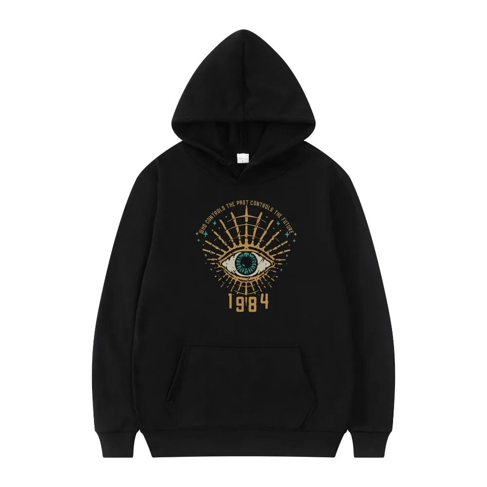 Black hoodie with eye design and '1984' text on a white background