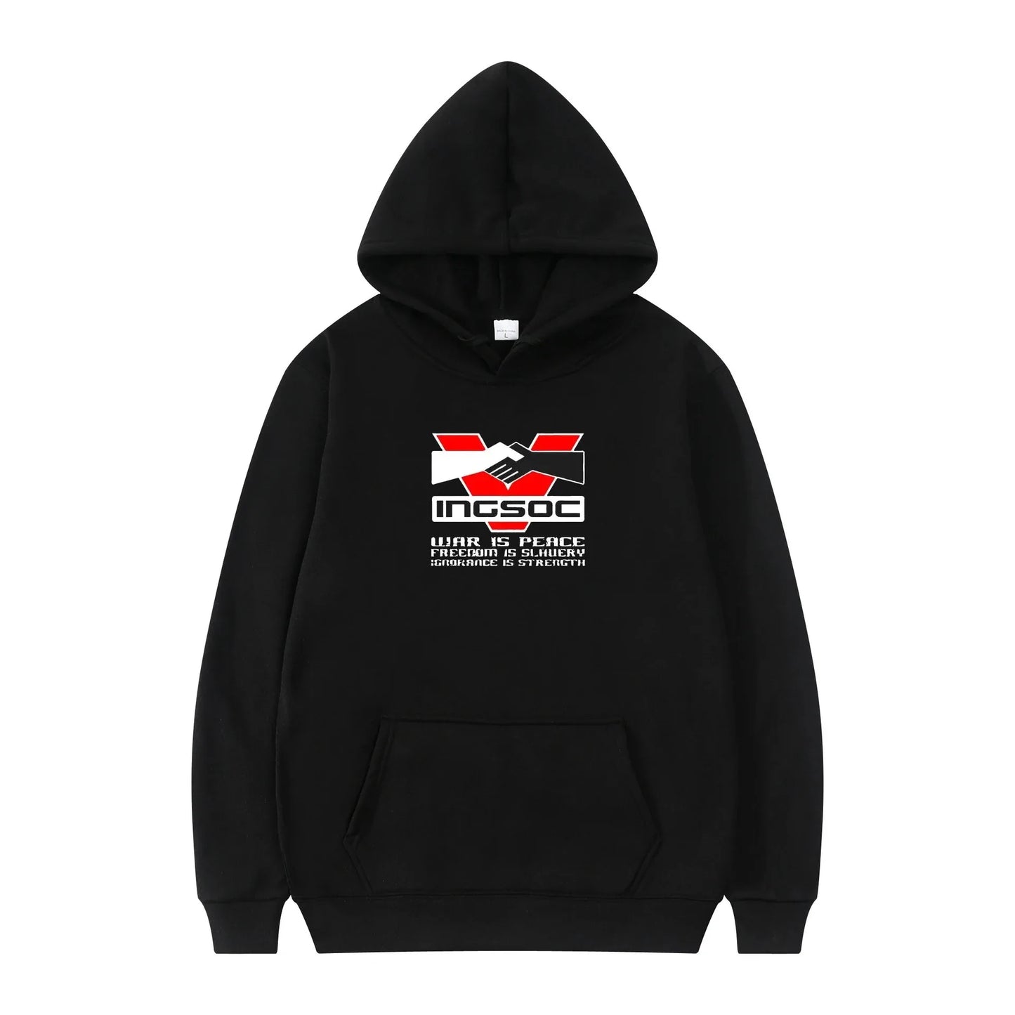 Black 'Orwell INGSOC 1984 Big Brother Hoodie' hoodie with red and white text on a white background