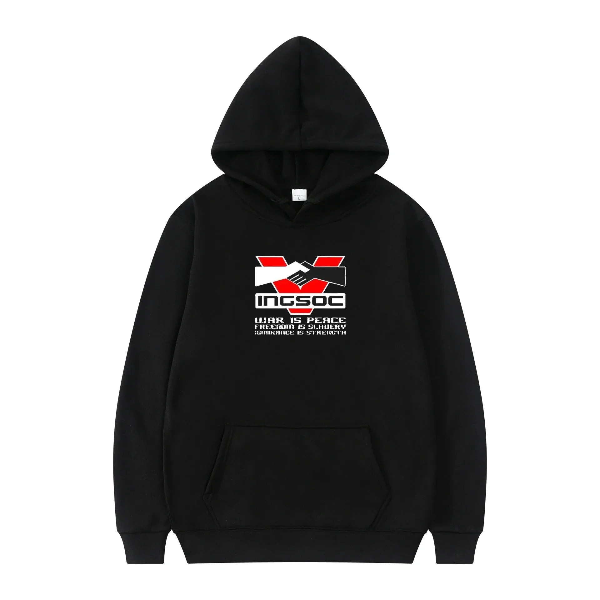 Black 'Orwell INGSOC 1984 Big Brother Hoodie' hoodie with red and white text on a white background