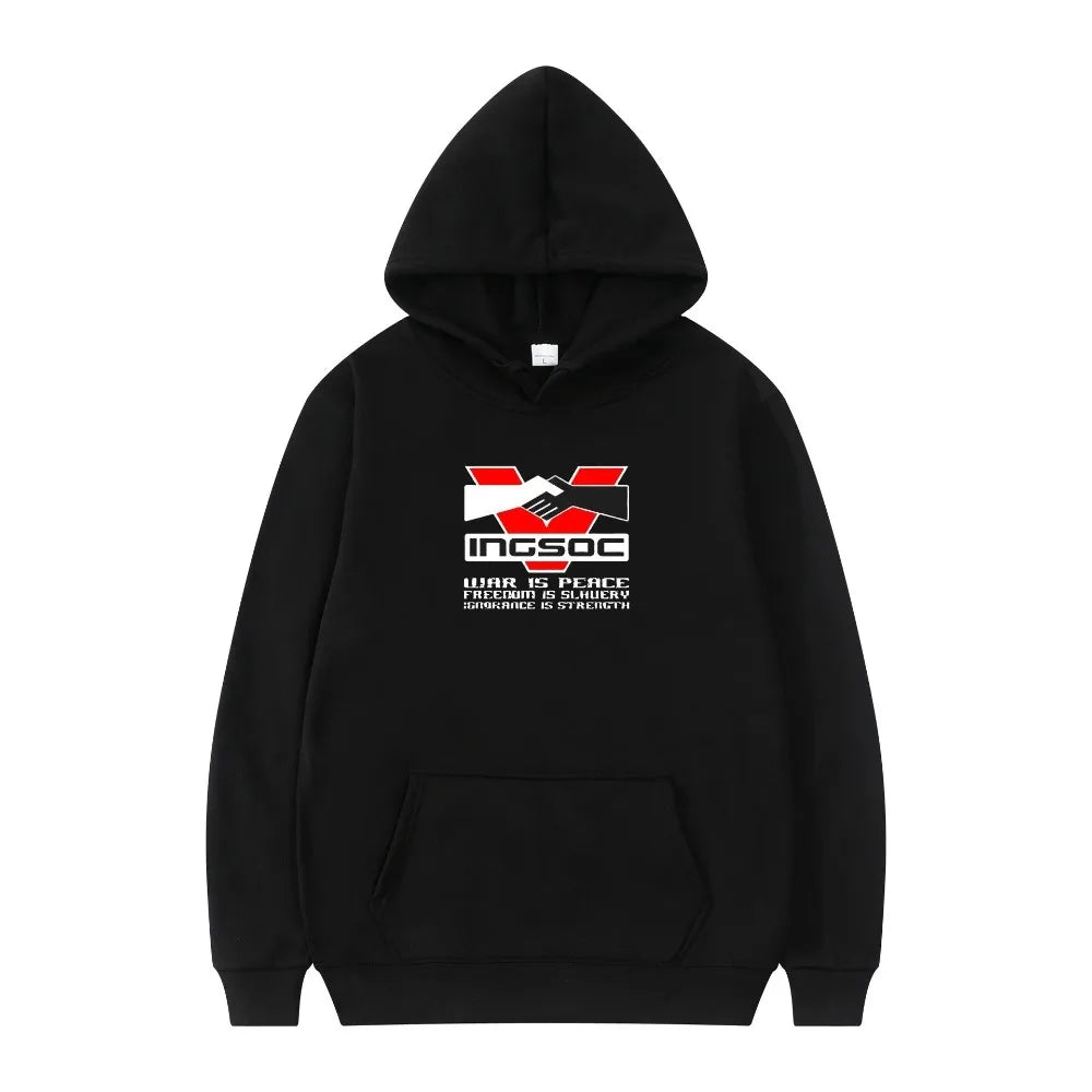 Black 'Orwell INGSOC 1984 Big Brother Hoodie' hoodie with red and white text on a white background