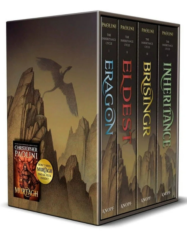 Angled vie of the 'Christopher Paolini Inheritance Cycle Box Set Eragon-Eldest-Brisingr-Inheritance' displaying book box set case and showing all four book spines.