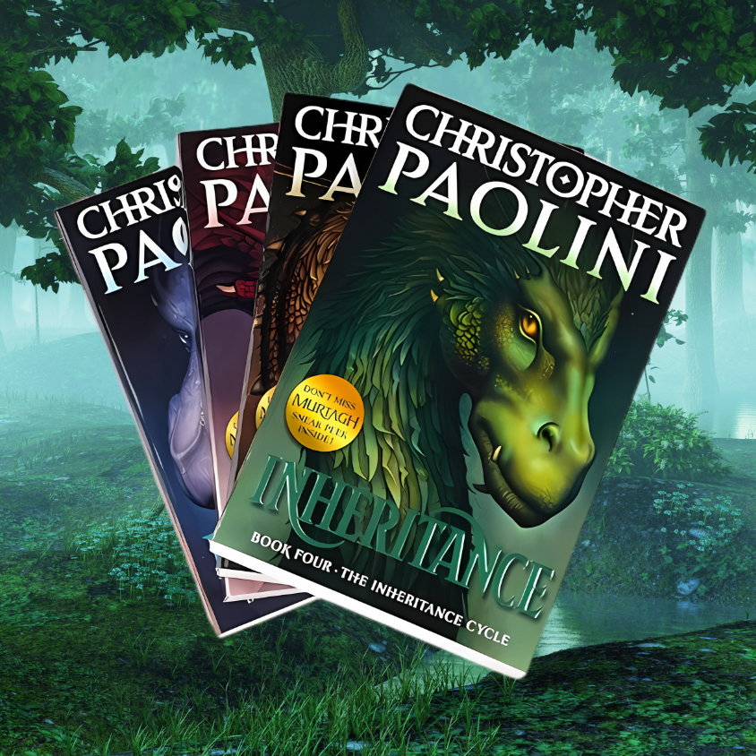Book accordion layout view of book series "Christopher Paolini Inheritance Cycle Box Set Eragon-Eldest-Brisingr-Inheritance" featuring all four books and a swampy forest background.
