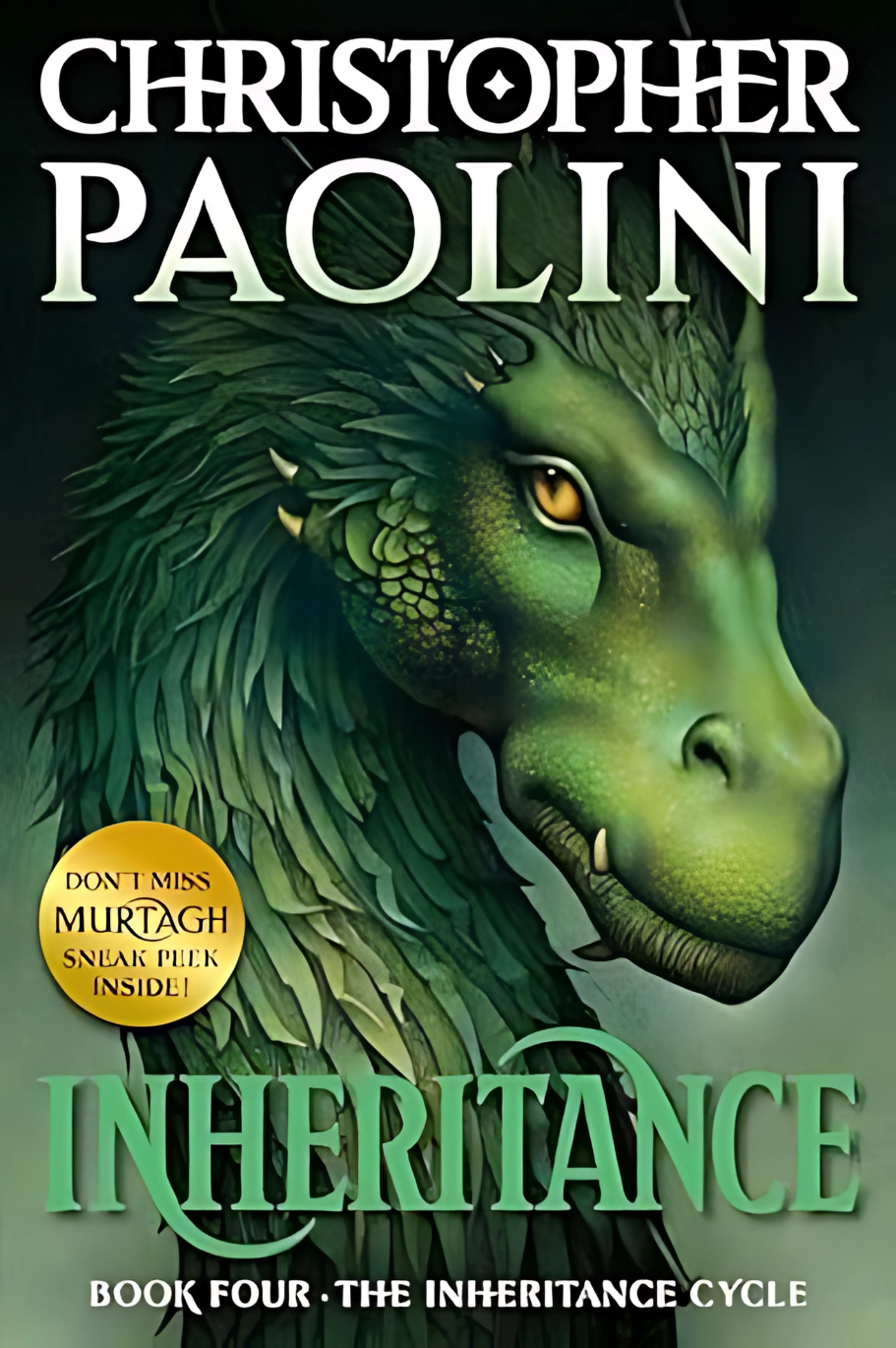 Book front cover of the book 'Inheritance' from "Christopher Paolini Inheritance Cycle Box Set Eragon-Eldest-Brisingr-Inheritance" featuring a colored drawing of a green dragon head from an angled view.
