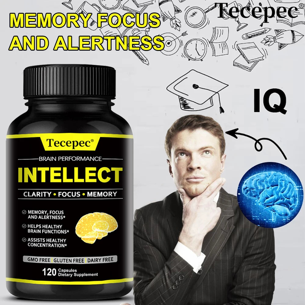 Intellect supplement bottle with a man and brain graphics on a light gray background