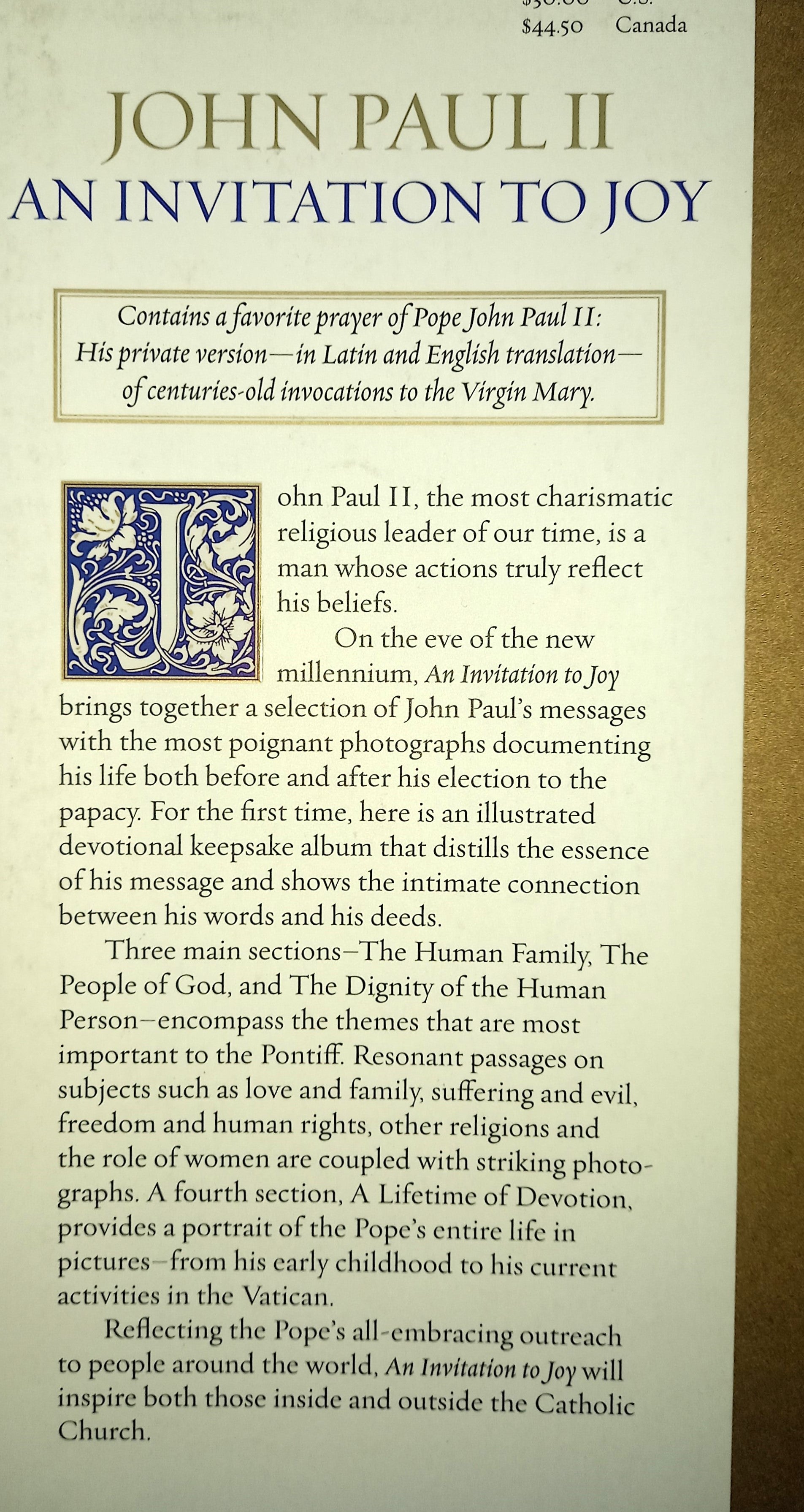 Book front inner flap of the book 'An Invitation to Joy' by John Paul II featuring synopsis.