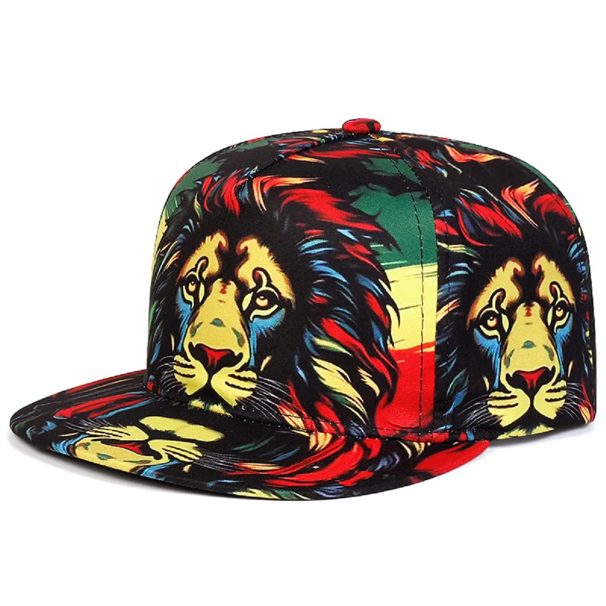 Colorful lion-themed cap 'Irie Lion Snapback Hat | Jungle King Headwear' with a reggae pattern on a white background, close angled view.