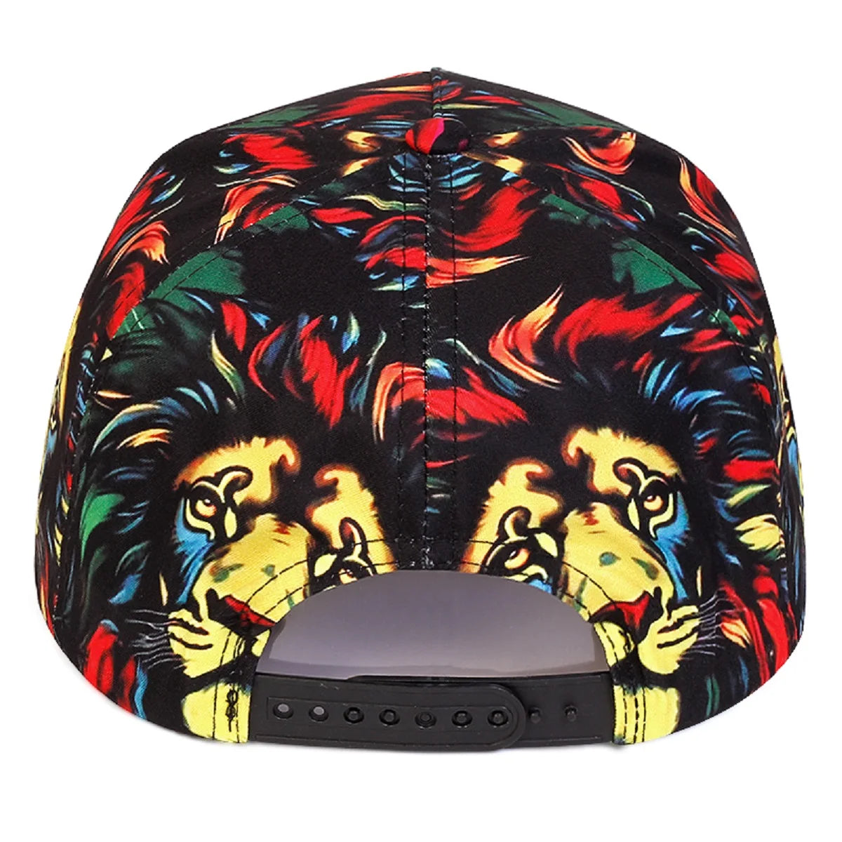 Colorful lion-themed cap 'Irie Lion Snapback Hat | Jungle King Headwear' with a reggae pattern on a white background, back angle view from the snap.