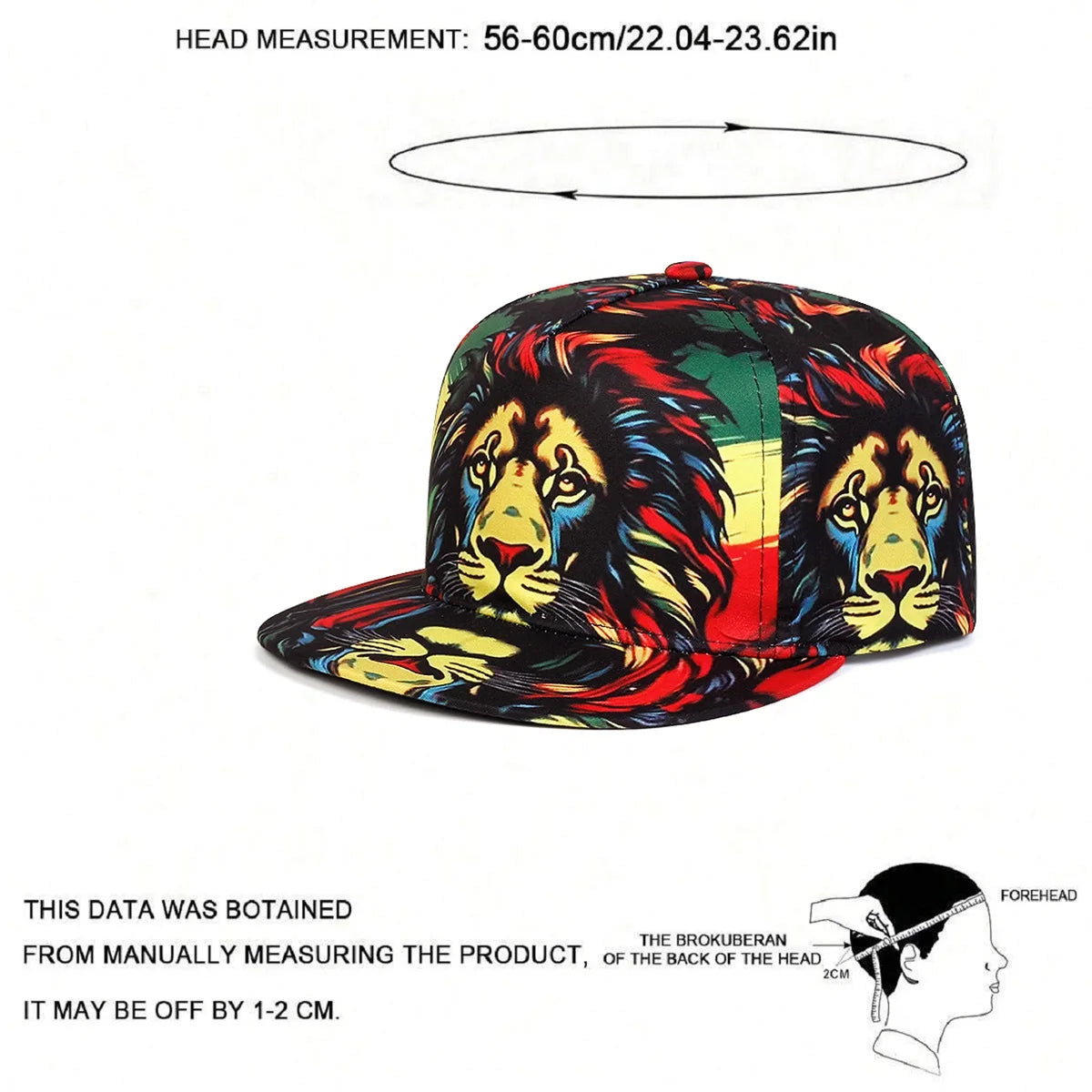 Colorful lion-themed cap 'Irie Lion Snapback Hat | Jungle King Headwear' with a reggae pattern on a white background, angles view with product info.