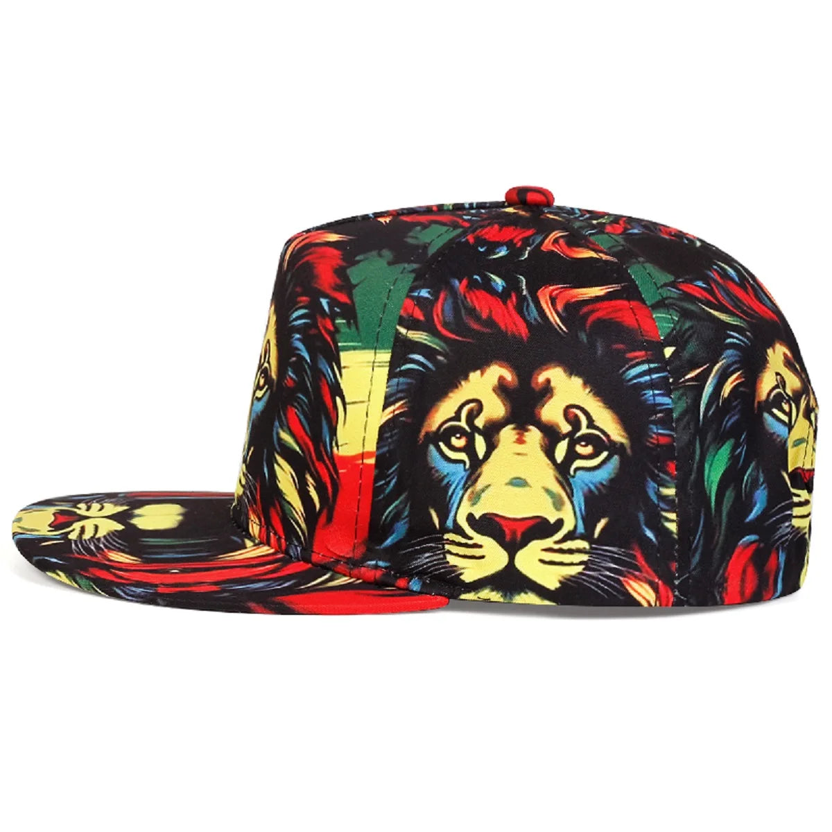 Colorful lion-themed cap 'Irie Lion Snapback Hat | Jungle King Headwear' with a reggae pattern on a white background, side angle view.