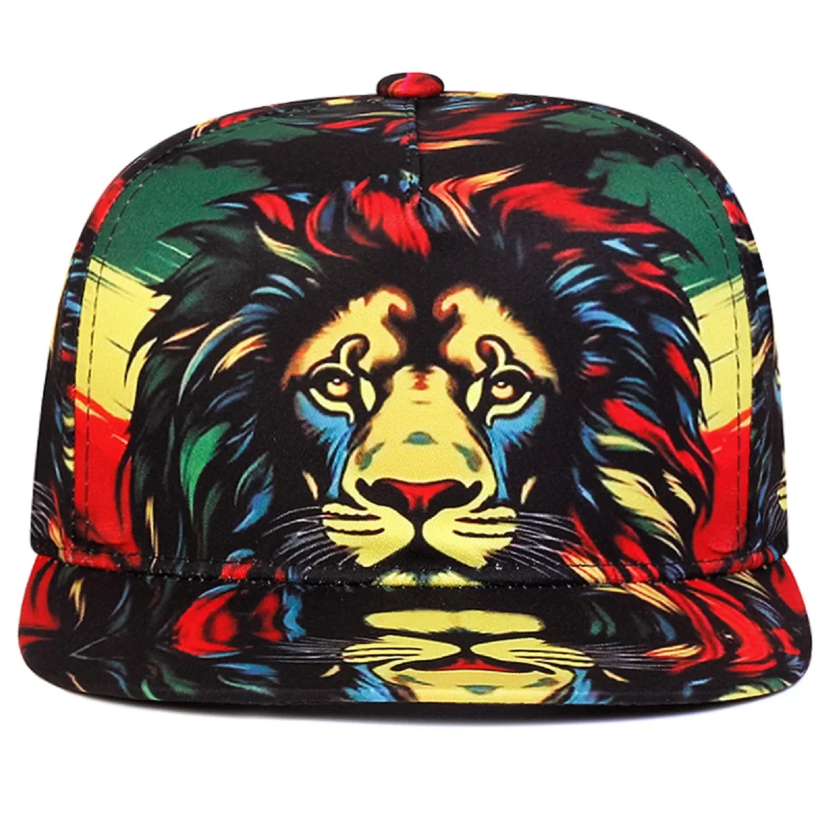 Colorful lion-themed cap 'Irie Lion Snapback Hat | Jungle King Headwear' with a reggae pattern on a white background, front angle view.