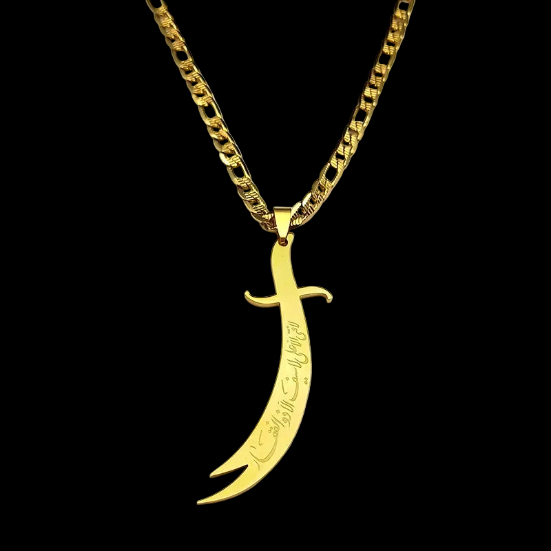 Gold necklace with a sword-shaped pendant on a black background