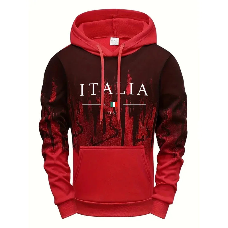 Italia gradient hoodie with "ITALIA" print, Italian flag, and unique bleed effect in red, grey, green, or white—unisex pullover, S–4XL.