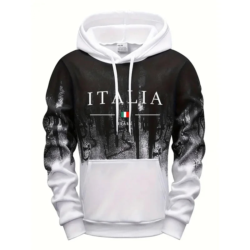 Italia gradient hoodie with "ITALIA" print, Italian flag, and unique bleed effect in red, grey, green, or white—unisex pullover, S–4XL.
