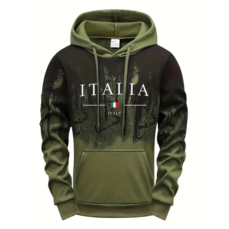 Italia gradient hoodie with "ITALIA" print, Italian flag, and unique bleed effect in red, grey, green, or white—unisex pullover, S–4XL.