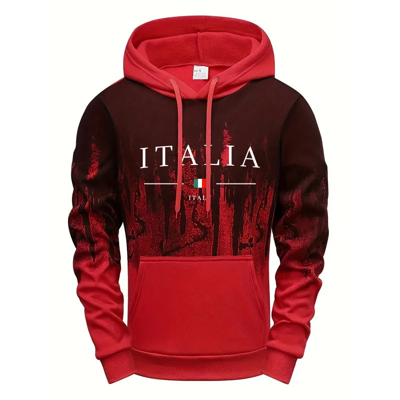 Italia gradient hoodie with "ITALIA" print, Italian flag, and unique bleed effect in red, grey, green, or white—unisex pullover, S–4XL.
