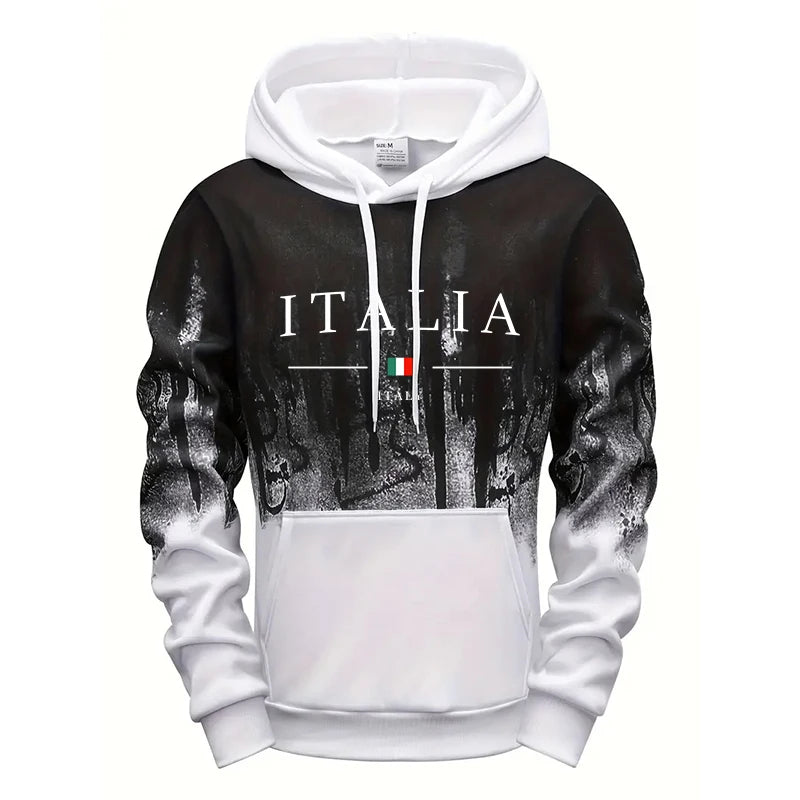 Italia gradient hoodie with "ITALIA" print, Italian flag, and unique bleed effect in red, grey, green, or white—unisex pullover, S–4XL.