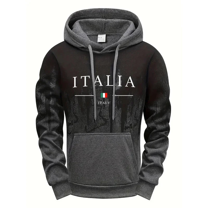 Italia gradient hoodie with "ITALIA" print, Italian flag, and unique bleed effect in red, grey, green, or white—unisex pullover, S–4XL.