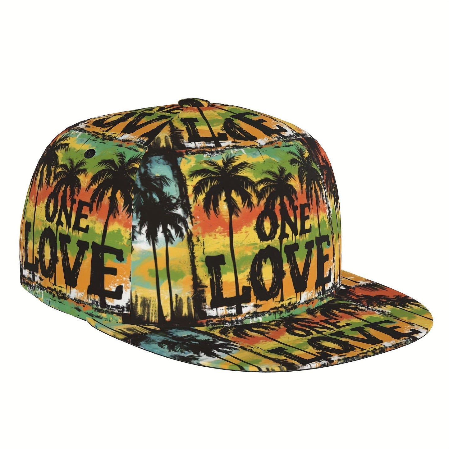 Colorful cap with palm tree design and 'One Love' text on a white background