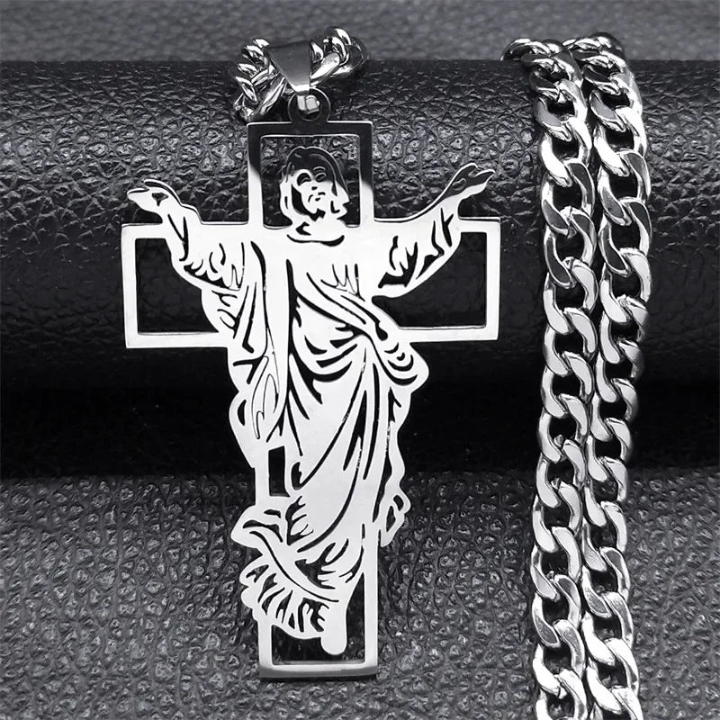 Crown of Thorns Cross Necklace – Stainless Steel Jesus Pendant