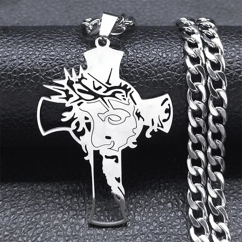 Crown of Thorns Cross Necklace – Stainless Steel Jesus Pendant