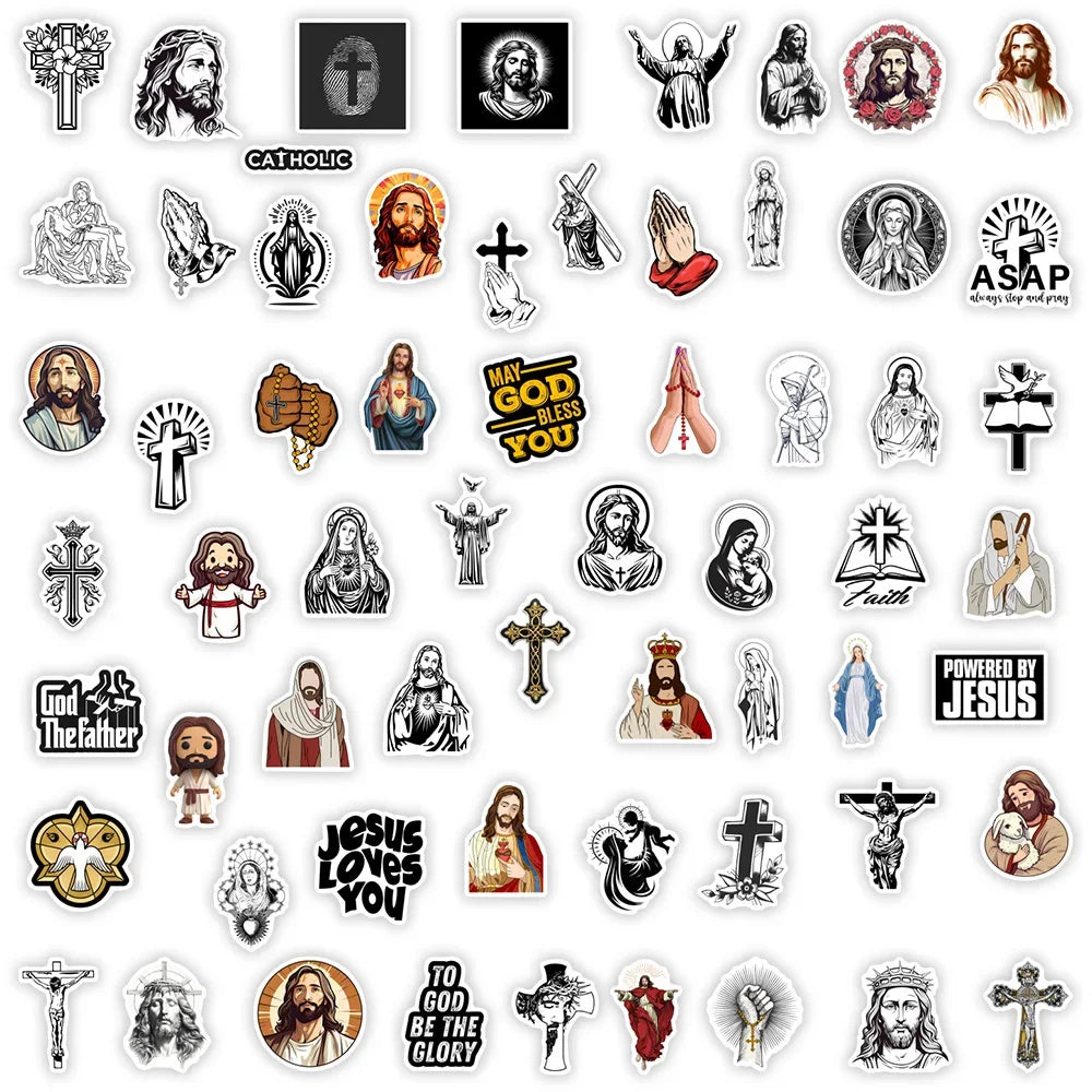 Collection of religious-themed stickers featuring Jesus and crosses.