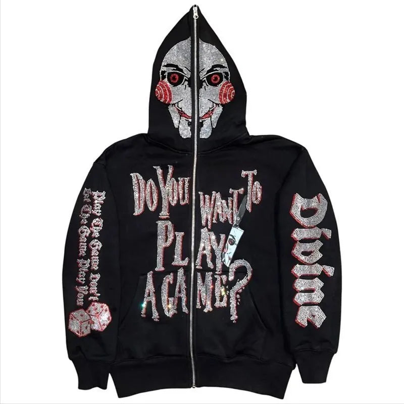 Jigsaw hoodie full-zip mask from Saw with rhinestone graphics and horror design and Back of hoodie with Game Over buzzsaw design from Saw movie franchise