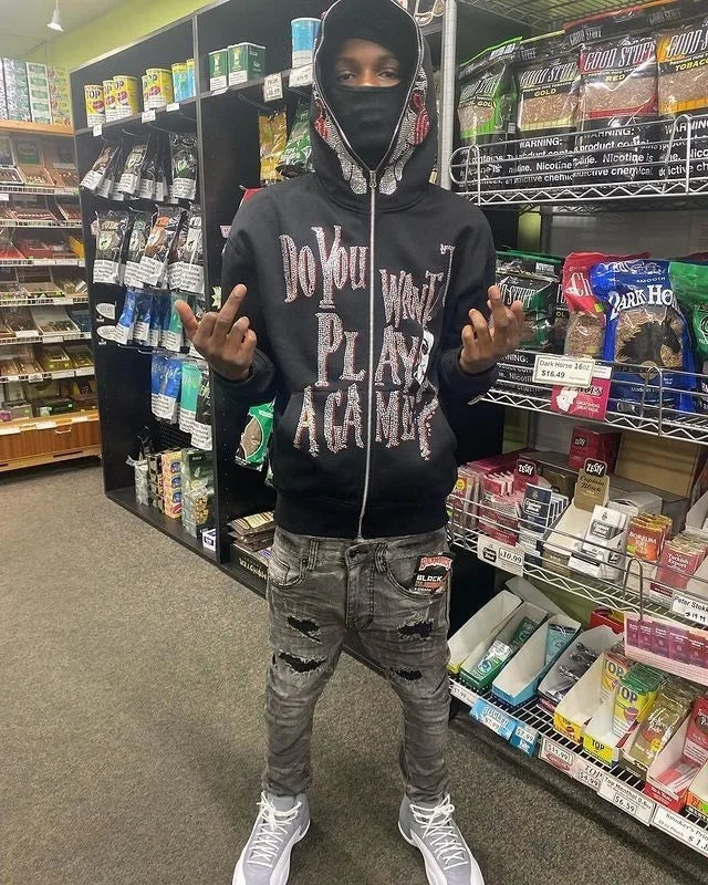 Jigsaw hoodie full-zip mask from Saw with rhinestone graphics and horror design and Back of hoodie with Game Over buzzsaw design from Saw movie franchise