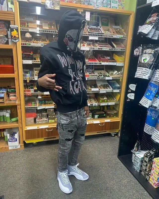 Jigsaw hoodie full-zip mask from Saw with rhinestone graphics and horror design and Back of hoodie with Game Over buzzsaw design from Saw movie franchise