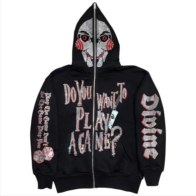 Jigsaw hoodie full-zip mask from Saw with rhinestone graphics and horror design and Back of hoodie with Game Over buzzsaw design from Saw movie franchise