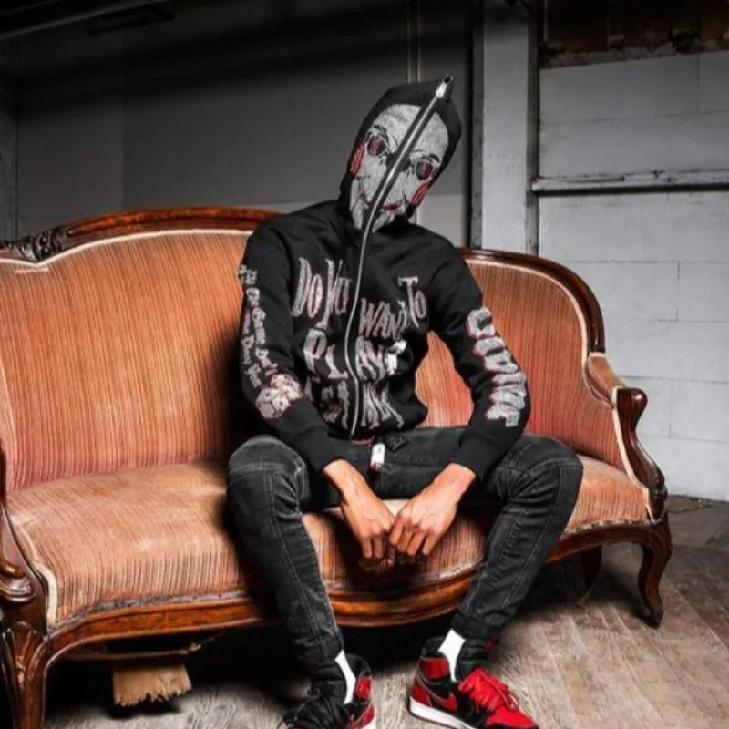 Jigsaw hoodie full-zip mask from Saw with rhinestone graphics and horror design and Back of hoodie with Game Over buzzsaw design from Saw movie franchise